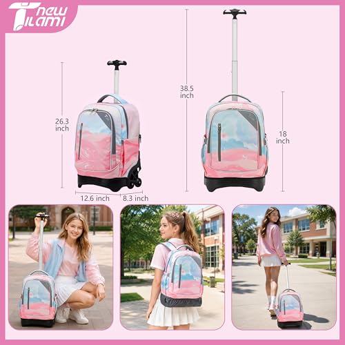 NEW TILAMI 18-Inch 6-Wheel Rolling Backpack for Kids, Pink Sunset | Lightweight Rolling Stair-Climbing Top Carry Handle Padded Shoulder Straps For School Family Travel - color: Pink Sunset