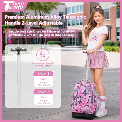 NEW TILAMI 18 inch Rolling Backpack for Kids Waterproof, Adjustable Handle Stair Climbing, Large Storage for School, Travel, Girls & Boys, Pink Romantic Paris - color: Pink Romantic Paris