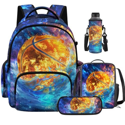 Cool Basketball Backpack for Boys Girls Kids Backpack with Lunch Box and Water Bottle Holder Large Pencil Case 4PCS Set Bookbag with Front Pocket for School Teens 17 inch School Bag Gifts - color: Cool Basketball