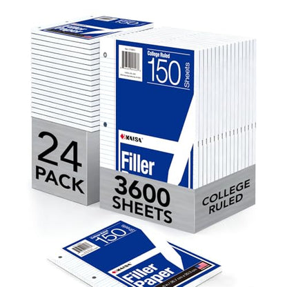 Kaisa Notebook Paper USA-Made Loose Leaf Paper, 24 Pack 3600 Sheets 8"x10.5" College Ruled - 3-Hole Punched Bulk Filler Paper for 3-Ring Binder, 150 Sheets/Pack, Wholesale Available(24Pack-college) - color: College, size: 24pack