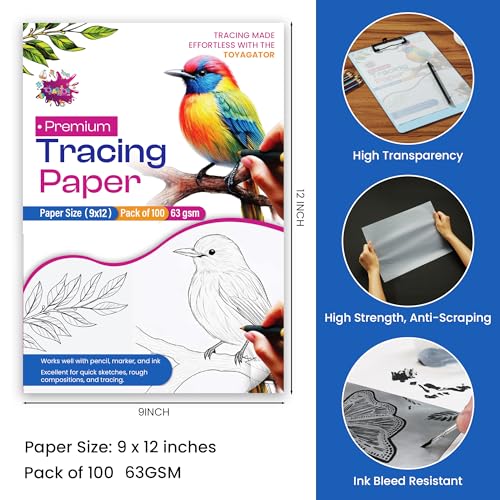 Tracing Paper 9x12 in, 100 Sheets, Transparent Sketch Paper 63gsm | Translucent, Sketching & Drafting, Overlays, Pencil Marker & Ink, Premium - size: 9" x 12" (100 Sheet)