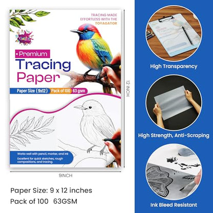 Tracing Paper 9x12 in, 100 Sheets, Transparent Sketch Paper 63gsm | Translucent, Sketching & Drafting, Overlays, Pencil Marker & Ink, Premium - size: 9" x 12" (100 Sheet)
