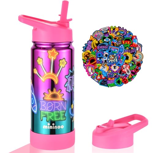 Mininoo Girls Water Bottle for School, 16oz Stainless Steel Insulated Metal Water Bottle with Straw Lid for Boys - color: Specular Punch/Green, size: 16 Ounces