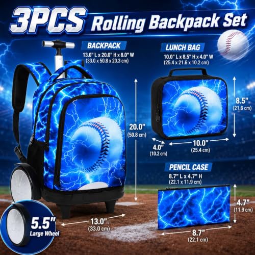 UFNDC Big Wheel Boys Rolling Backpack, Water-Resistant Wheeled School Bag with Lunch Box & Pencil Case, 3-Pack Kids Roller Bookbag Travel Set - Lightning Baseball - color: Rolling Backpack Lightning Baseball Blue