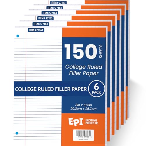 EPI Filler Paper | College Ruled | Loose Leaf, 3-Hole Punched, 10.5 x 8 in, 150 Sheets | School, Office, Notes, Binder Refill - 6 Pack - color: College Ruled, size: 6 Pack