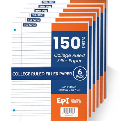 EPI Filler Paper | College Ruled | Loose Leaf, 3-Hole Punched, 10.5 x 8 in, 150 Sheets | School, Office, Notes, Binder Refill - 6 Pack - color: College Ruled, size: 6 Pack
