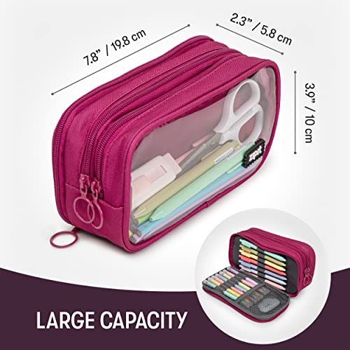ZIPIT Half & Half Pencil Case for Girls, 3 Compartment Zipper Pouch for School, Stationery Bag for Teen and Adults, Pink - color: Pink