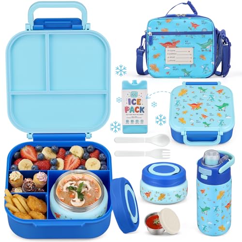 Bento Lunch Box for Kids with 7oz Soup Thermo,Insulated Stainless Steel Kids Water Bottle with Straw and Insulated Lunch Bag,Leak-Proof Lunch Food Container with Ice Pack for School(Blue-Dinosaur) - color: Blue-Dinosaur