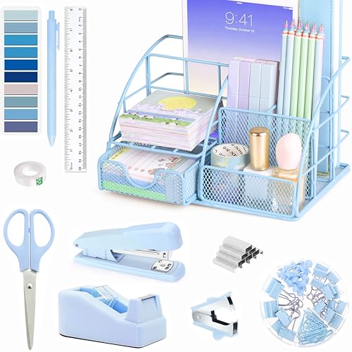 Scindaly Blue Office Desk Accessories Supplies, 10pcs Desk Organizers and Accessories with Tape Dispenser and Stapler,Staples,Scissor,Ruler,Sticky Tabs,Tape,Ballpoint Pen,Clips Set - color: Blue