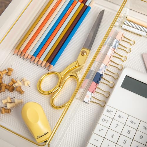 Martha Stewart Kerry Plastic Stackable Office Desk Drawer Organizers, 12" x 6", 3 Pack, with Gold Trim - size: 12" x 6"