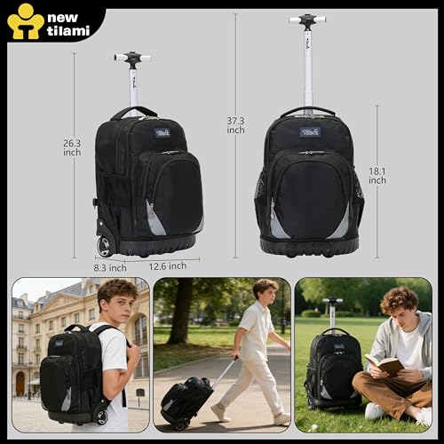 NEW TILAMI Rolling Backpack for Kids 18 Inch Wheeled Laptop Backpack Kids School Travel - color: Black