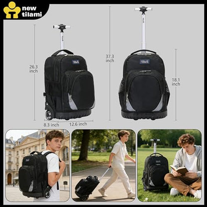 NEW TILAMI Rolling Backpack for Kids 18 Inch Wheeled Laptop Backpack Kids School Travel - color: Black
