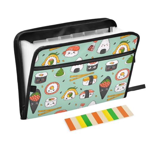 Kawaii Sushi File Folders,Plastic Folders with 13 Pockets,Expandable File Folder for Documents School Students Office,Aesthetic Folder with Labels A4 Letter Size - color: Multicolor 14