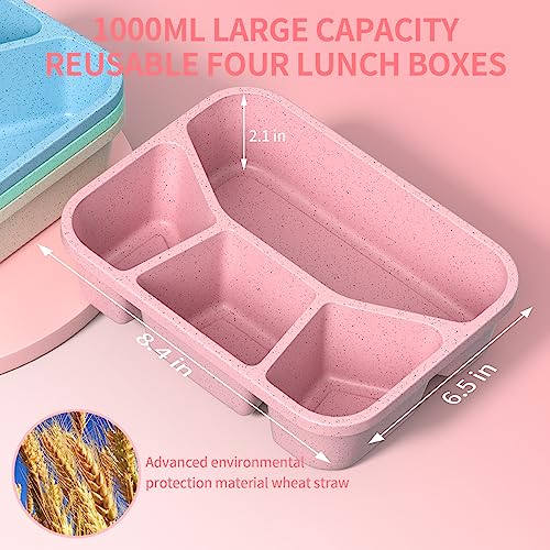 Bento Box Adult Lunch Box (4 Pack), 4-Compartment Meal Prep Container for Kids, Reusable Food Storage Containers with Transparent Lids, No BPA, Microwaveable (Wheat (Green/Blue/Pink/Beige)) - color: Wheat (Green/Blue/Pink/Beige)
