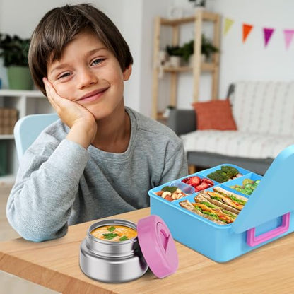 Bento Box for Kids with Thermo Food Container (9oz), 4-Compartment Lunch Box, Adjustable Divider, Leakproof Bento Lunch Box, Includes Utensils & Carry Bag for School, Office(Light Blue) - color: Light Blue