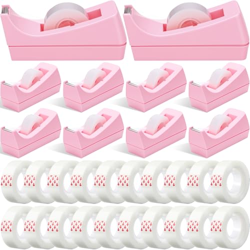 Yahenda 10 Pack Pink Desktop Tape Dispenser Non Skid Base with 0.7 x 985 Inches Invisible Tape Refills Bulk Weighted Roll Dispenser for Office Home School - color: Pink