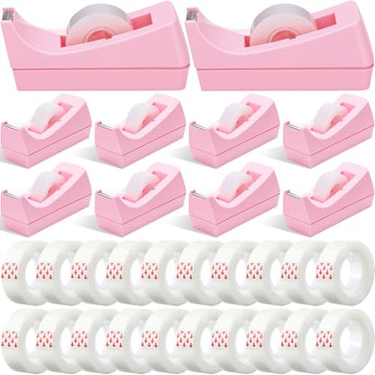 Yahenda 10 Pack Pink Desktop Tape Dispenser Non Skid Base with 0.7 x 985 Inches Invisible Tape Refills Bulk Weighted Roll Dispenser for Office Home School - color: Pink