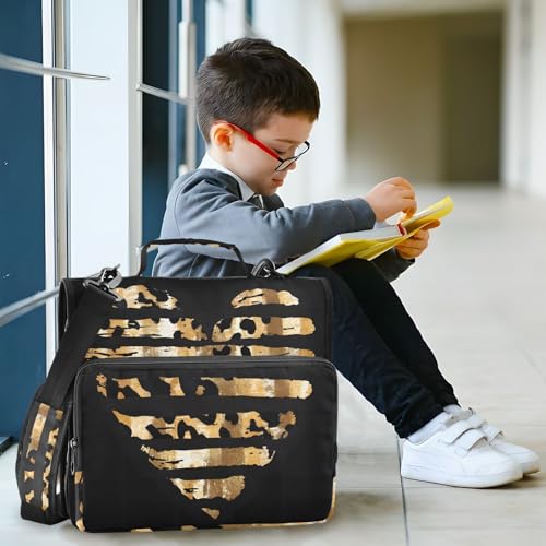 3 Ring Zipper Binder with Shoulder Strap Leopard Skin Golden Heart 1.5 inch Binders Keeper Large Capacity Multi Pockets for School Office Supplies - color: Multi472, size: Fit 500 Sheets