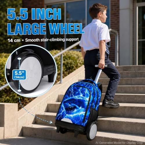 3Pcs Large Rolling Backpack for Boys, 20 Inch Detachable Wheeled Bookbag with Lunch Box, Durable Lightning Shark Roller Backpack for Elementary Middle School (Blue) - color: Large Wheels Shark Blue