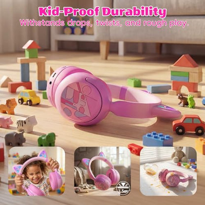 Kids Bluetooth Headphones with LED Cat Ears, Active Noise Cancelling Headphones for Kids, 85dB Safe Volume, 40H Play Time, Bluetooth 6.0, Fast Charging, Built-in Mic for iPad/Tablet/Airplane, Pink - color: Pink