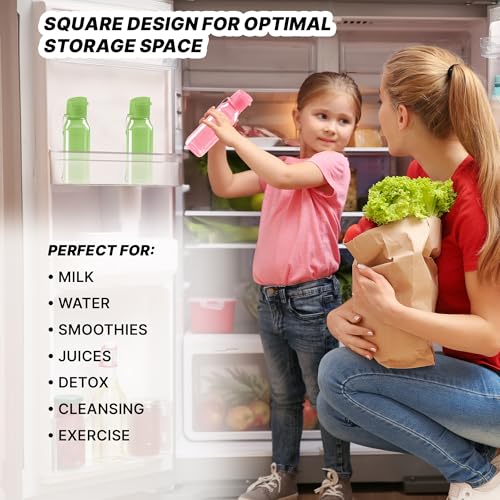MILTON Bulk Water Bottles Set of 4 – 10 and 17oz Multicolor Bottles for Kids and Adults – Leak Proof with Carry Strap – Square Reusable Bottles for Juice, Drinks BPA-Free Dishwasher-Safe - color: Square Pink/Green