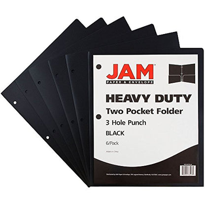 JAM PAPER Heavy Duty Plastic 3 Hole Punch Pocket Folders - Extra Tough School Folders - Black - 6/Pack - color: Black, size: 6 Per Pack