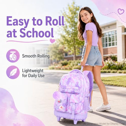 WZLVO 3PCS Backpack with Wheels, Water Resistance Girls Rolling Bookbag, Women Aesthetic Roller School Bag Set with Lunch Box & Pencil Bag for Teens & Kids - Purple Tie Dye Cloud - color: 3pcs Girls Rolling Backpack - Purple Tie Dye Cloud