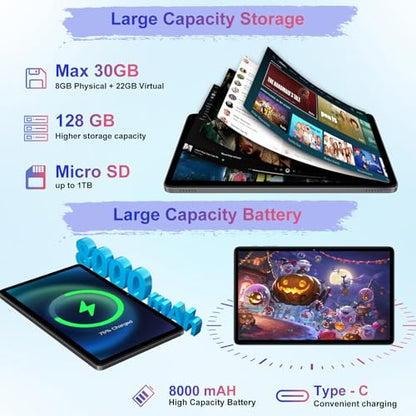 Android 15 Tablet 30GB+128GB+1TB Expand, 2026 10.1 Inch Octa-Core 8000mAh Electronics Tablets with Keyboard Mouse, Gemini AI, 5G WiFi, 1280x800 IPS Touchscreen, GPS, BT5.0, Widevine L1 -Metal Black - color: Black