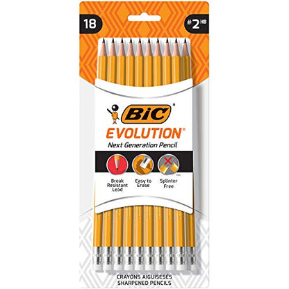 BIC Evolution #2 Lead Pencil, Yellow Barrel, Black, Certified Non-Toxic Ideal For Classroom & Home, 18-Count - color: Yellow, size: 18 Count (Pack of 1)