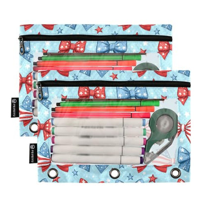 Gredecor 3 Ring Binder Pencil Pouch, 4th of July Bows Star Zippered Pen Case Pouches with Clear Window, 2 Pack Stylish Office & School Supplie - color: 4th of July Bows Star
