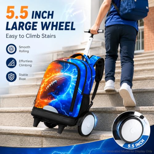 AGSDON Quiet Rolling Backpack with Lunch Box Set – Large‑Wheel Water‑Resistant Wheeled Bag for School, Outings, and Travel | Fire-Lightning Rugby 3‑Piece Organizer Backpack - color: Big Wheel Rolling Backpack Fire-lightning Rugby