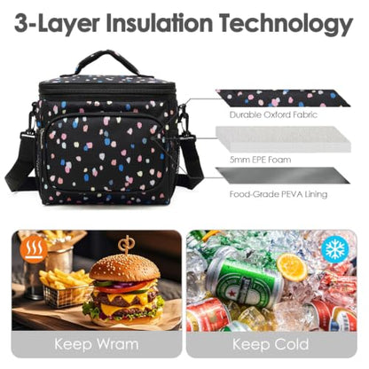 FlowFly Insulated Reusable Lunch Bag Adult Large Lunch Box for Women and Men with Adjustable Shoulder Strap,Front Zipper Pocket and Dual Large Mesh Side Pockets,BlackFlower - color: BlackFlower