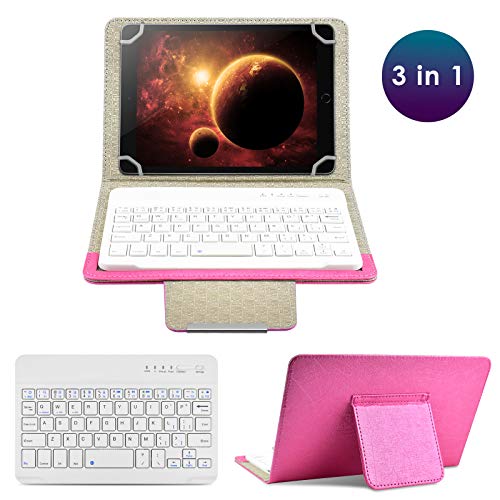 DETUOSI Universal 8.0 inch Android Tablet Case with Keyboard, Removable Wireless Bluetooth Keyboard + PU Leather Folio Book Cover + Stand, Travel Portable Sleeve for iOS/Android/Windows System Tablet - color: Hot Pink Case + White Keyboard