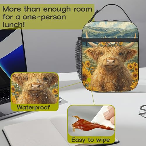 Highland Cow Sunflower Kids Lunch Bag Insulated Lunch Box Cooler Freezable Meal Prep Bag with Shoulder Strap Waterproof Lunch Container for Boys Girls School Office Picnic - color: Highland Cow Sunflower