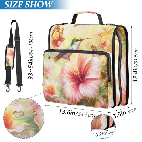 Hibiscus Blossom and Hummingbirds Zipper Binder 3 Ring 1.5 Inch School Binder Organizer with Shoulder Strap Handle File Folder Pockets Large Capacity Students Girl Boy Men Office Work - color: Hibiscus Blossom and Hummingbirds