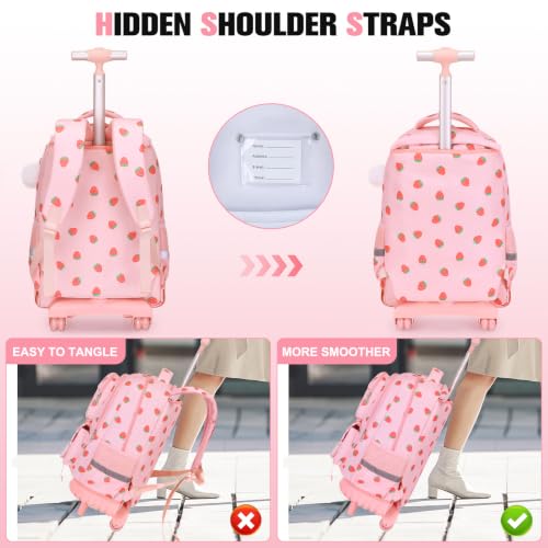 ACESAK Rolling Backpack for Girls, Roller Backpack with Lunch Bag & Pencil Pouch for Teen Girls Kids, Bookbag Backpack with Wheels for Women Elementary Middle High School Travel (Pink Strawberry) - color: Pink Strawberry