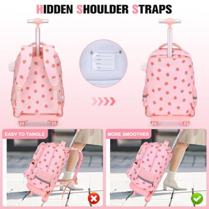 ACESAK Rolling Backpack for Girls, Roller Backpack with Lunch Bag & Pencil Pouch for Teen Girls Kids, Bookbag Backpack with Wheels for Women Elementary Middle High School Travel (Pink Strawberry) - color: Pink Strawberry