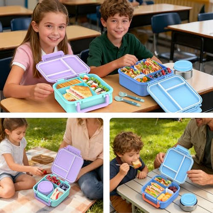 Kids Lunch Box Set with Bento Box, 9oz Stainless Steel Thermo & Insulated Lunch Bag – Hot & Cold Leakproof Lunch Container with Utensils for School & Travel - color: Purple