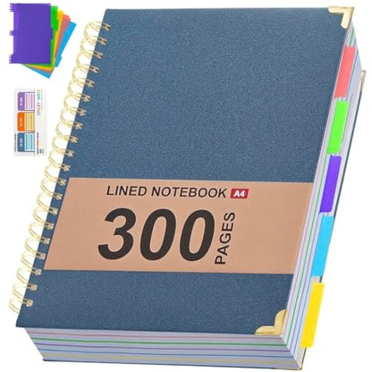 Hardcover Leather Spiral Notebook 8.5" x 11" with Removable Dividers, 300 Pages 5 Subject College Ruled Notebook for Work with Tabs, A4 Spiral Journal for Women Men, School Students Note Taking, Navy - color: 5 Subject Navy