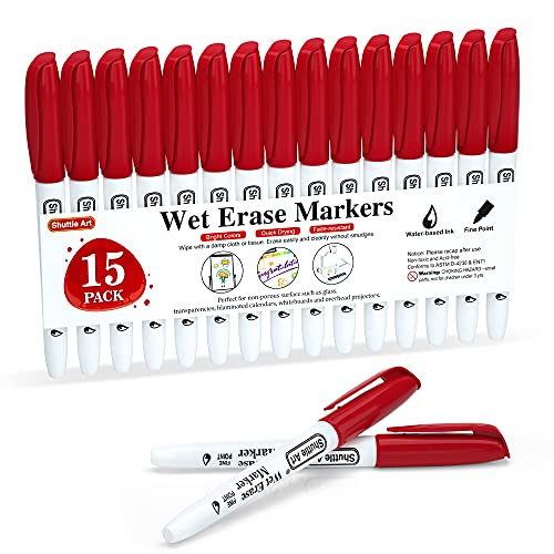 Shuttle Art Wet Erase Markers, 15 Pack Red 1mm Fine Tip Smudge-Free Markers, Use on Laminated Calendars, Overhead Projectors, Schedules, Whiteboards, Transparencies, Glass, Wipe with Water - color: Red
