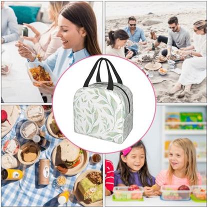 Nerxy Watercolor Leaf Insulated Lunch Bag Spring Sage Green Lunch Box Reusable Cooler Tote Bag Woman 8x5x8.5inch Waterproof Meal Container with Pocket for Work School Travel Office Picnic - color: Leaf