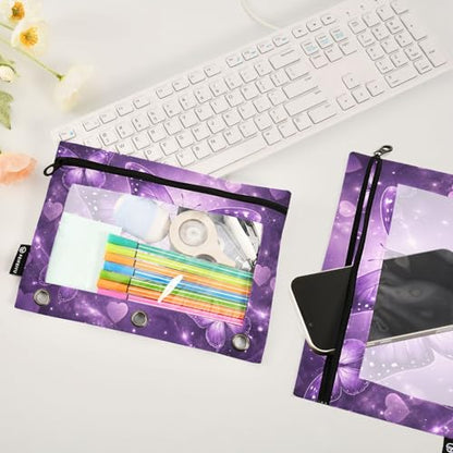 2 Pack Pencil Pouch for 3 Ring Binder Purple Glowing Butterfly Pencil Case Pouch with Clear Window Zipper Binder Pencil Pouches Pen Bag for Office School Supplies - color: Purple Glowing Butterfly