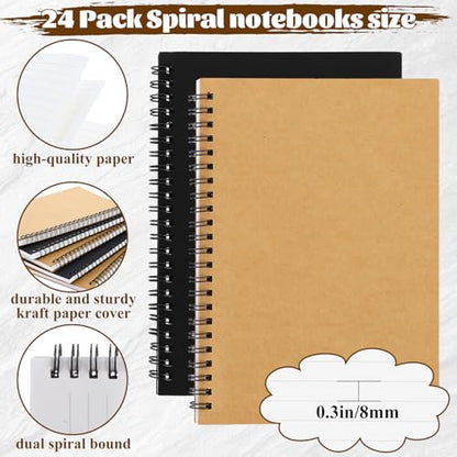 24 Pack A5 Bulk Spiral Notebooks with Kraft Cover, 8.3 x 5.8 Inch 120 Pages Hardcover Spiral Lined Notebook Journal, Lined Travel Bulk Writing Notebook for School Office Supplies(Black, Kraft) - color: Black and Kraft