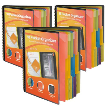 3 Pack 18 Pocket Poly Project Organizer with 9 Dividers, Heavyduty Folder with Customizable Front Cover, Metal Wire Binding Spine, Extra Zipper Pouch, Letter Size, Office Supplies - color: 18 Pockets, style: 3 Pack
