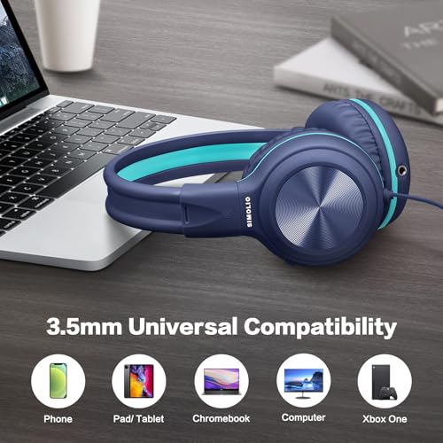 SIMOLIO 2 Pack Wired Headphones with Share Port, Foldable Headset with MIC | Manyshare Series, Durable for Teen Girls Boys, Over Ear Headset w/ Volume Limited for Tablet PC Chromebook School Travel Gift - color: Pink & Navy Blue