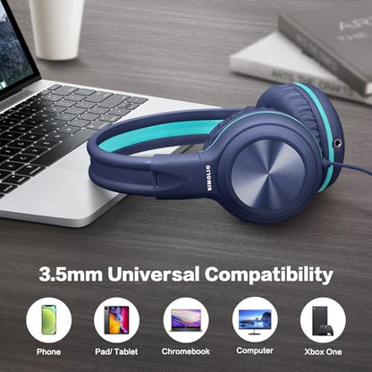 SIMOLIO 2 Pack Wired Headphones with Share Port, Foldable Headset with MIC | Manyshare Series, Durable for Teen Girls Boys, Over Ear Headset w/ Volume Limited for Tablet PC Chromebook School Travel Gift - color: Pink & Navy Blue