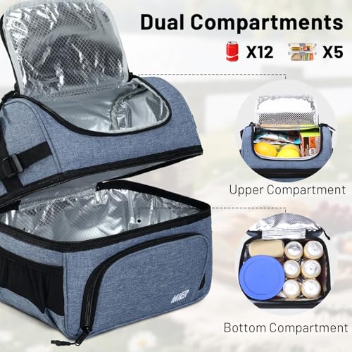 MIER Lunch Box for Men Dual Compartment Adult Lunch Bag for Work, Bluesteel | Leakproof & Insulated; Lunchbox Cooler Tote with Side Bottle Holder; Detachable Shoulder Strap with Pad; Multi-Pockets - color: Bluesteel