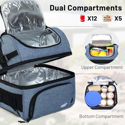MIER Lunch Box for Men Dual Compartment Adult Lunch Bag for Work, Bluesteel | Leakproof & Insulated; Lunchbox Cooler Tote with Side Bottle Holder; Detachable Shoulder Strap with Pad; Multi-Pockets - color: Bluesteel