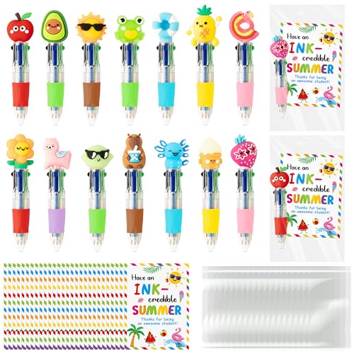 ANGOLIO End of Year Student Gifts Bulk 28 Sets Cute Summer 4 in 1 Multicolor Ballpoint Pens with Gift Cards for Summer Graduation Birthday Party Favors School Classroom Supplies Kids Students Rewards - style: Summer