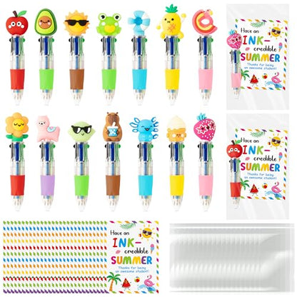 ANGOLIO End of Year Student Gifts Bulk 28 Sets Cute Summer 4 in 1 Multicolor Ballpoint Pens with Gift Cards for Summer Graduation Birthday Party Favors School Classroom Supplies Kids Students Rewards - style: Summer